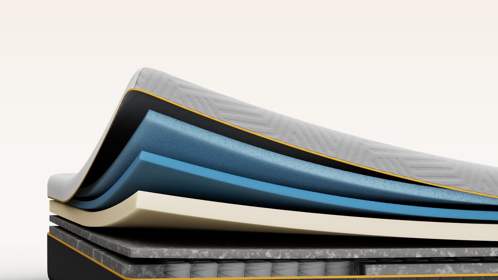 Emma Original Pro mattress layers view showing multiple foam and spring layers with gold trim detailing.
