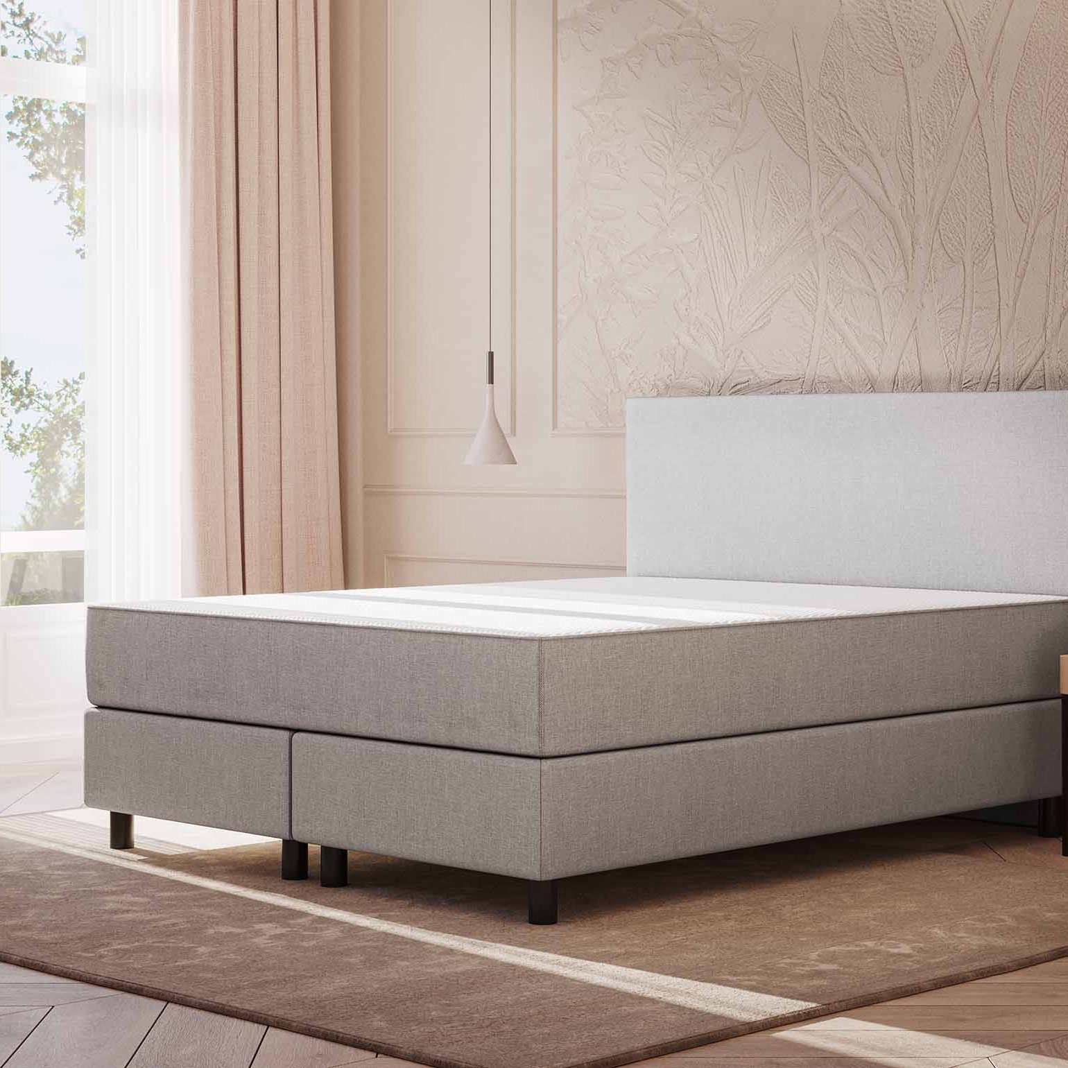 Emma Classic Boxspringbett V2 200x200 cm - hellgrau - Füße Schwarz - Kopfteil klassisch