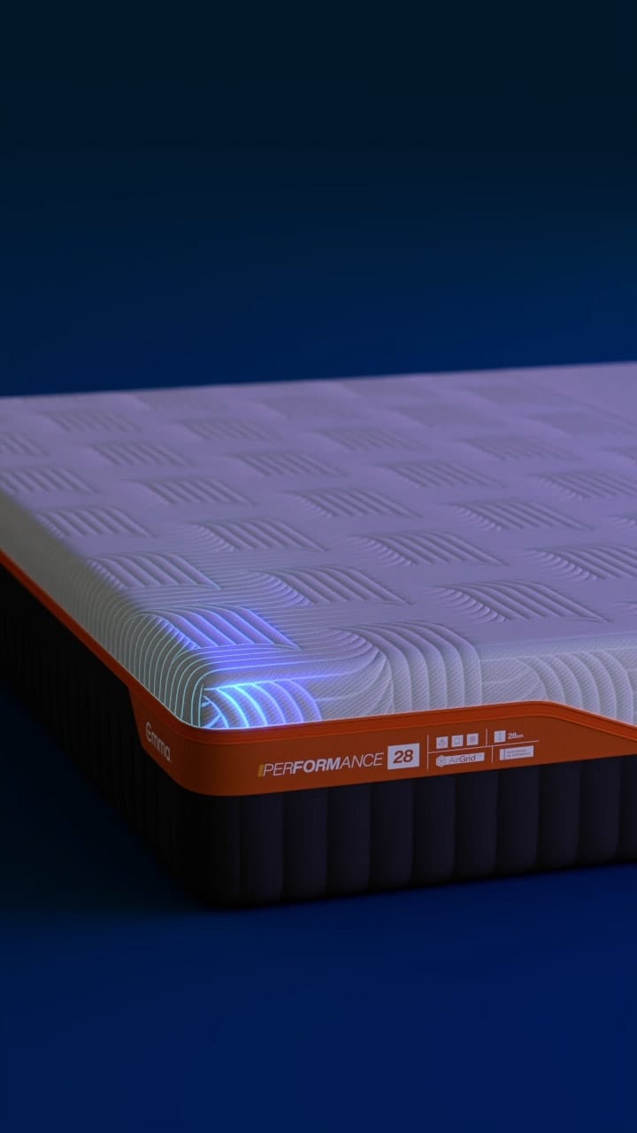 Close up of the corner of an Emma Performance 28 mattress with glowing blue light highlighting the grid pattern and orange border.