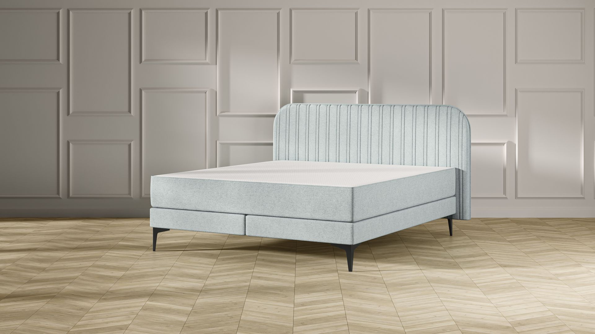 Emma Original Elite Boxspring bed in mint groen, met gestreept hoofdbord en metalen pootjes, geplaatst in een stijlvolle slaapkamer met houten vloer.
