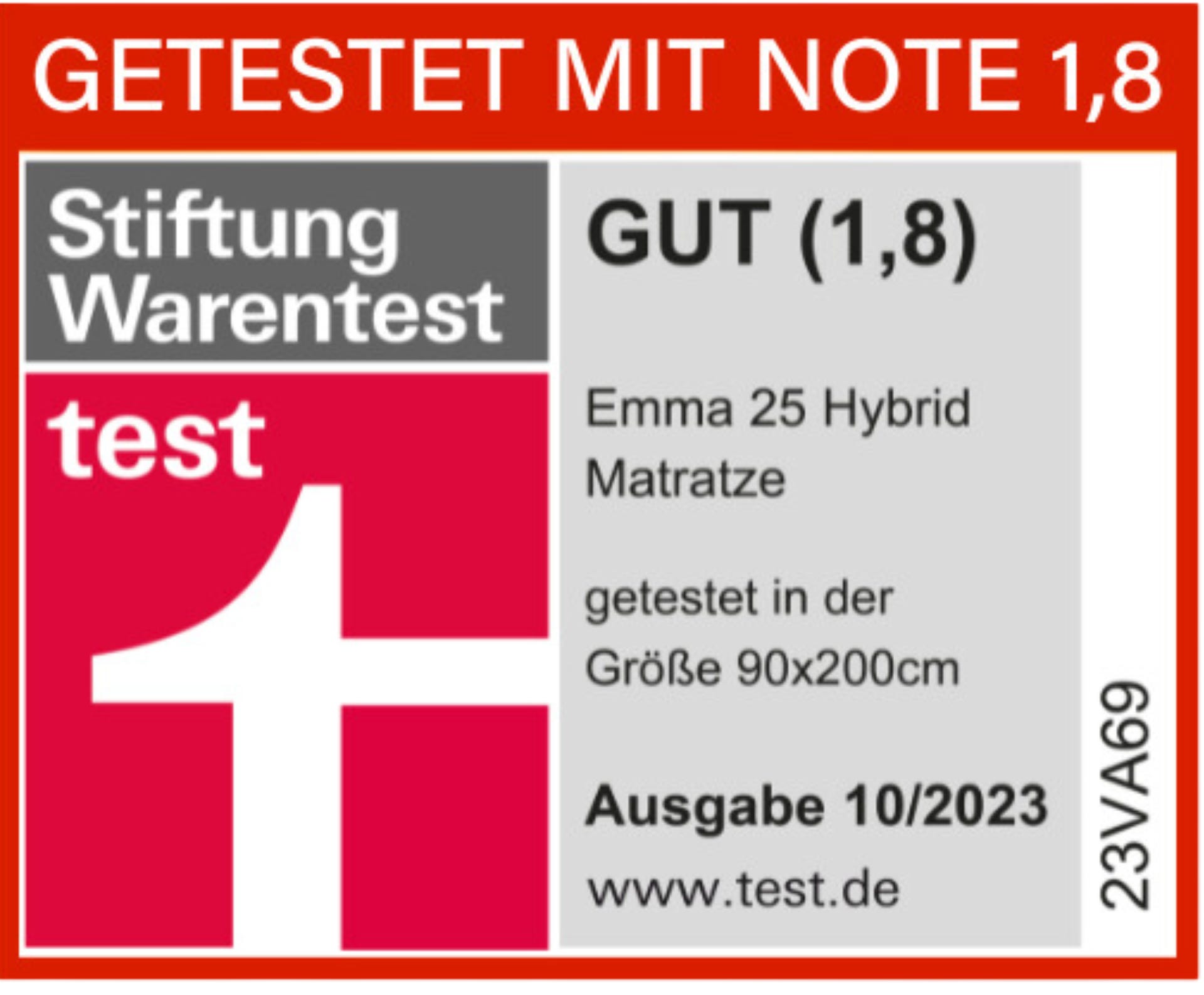 Stiftung Warentest Siegel für Emma 25 Hybrid Matratze, Note 1,8, Größe 90x200 cm, Ausgabe 10/2023.