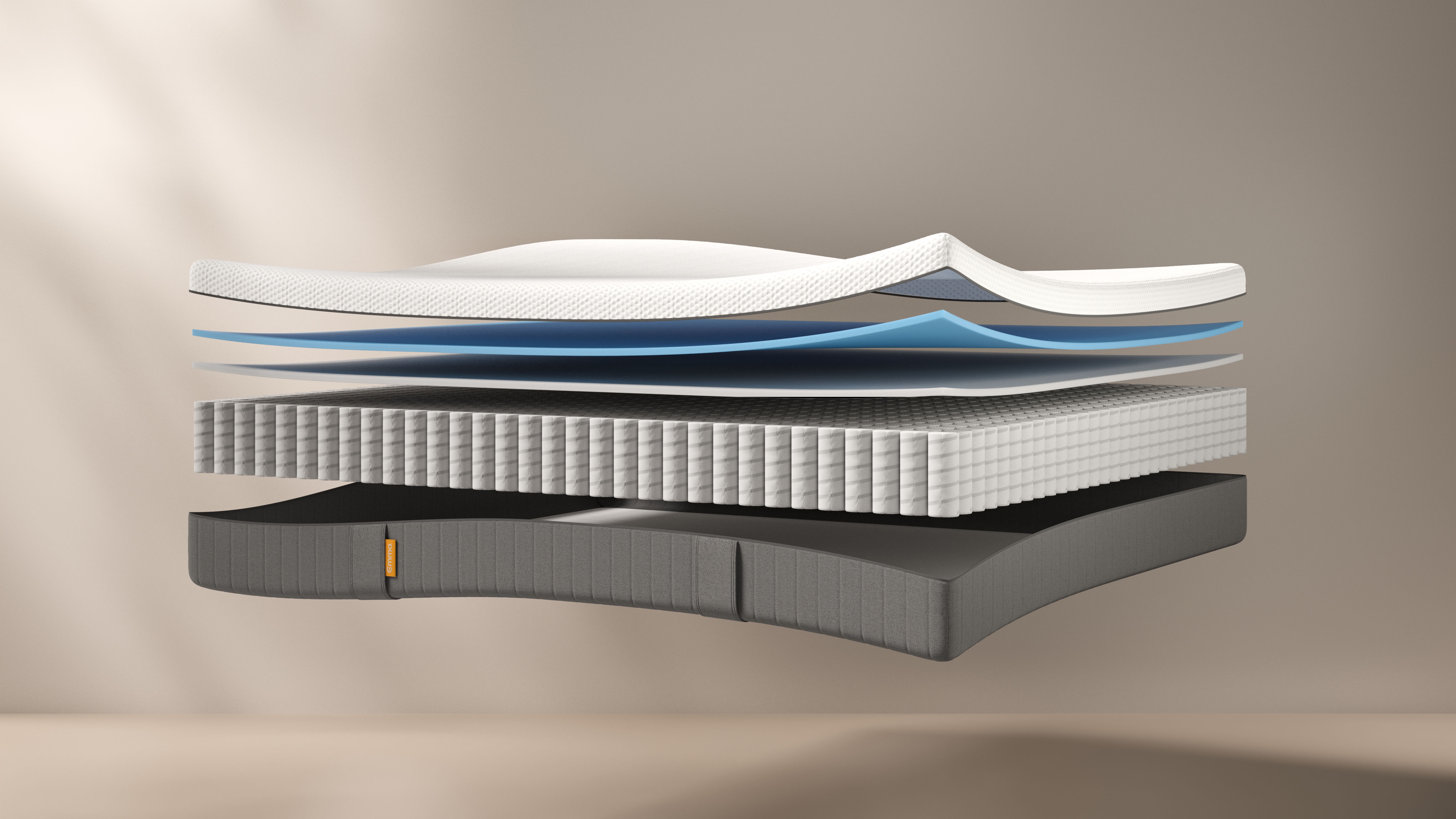 Vue éclatée du Matelas Original II montrant ses différentes couches suspendues : housse supérieure blanche matelassée et texturée, plusieurs couches fines de mousse bleue et blanche pour le confort et la régulation thermique, couche blanche épaisse à structure quadrillée pour le soutien, et base gris foncé assurant la stabilité. Chaque couche est séparée pour illustrer la composition interne du matelas.
