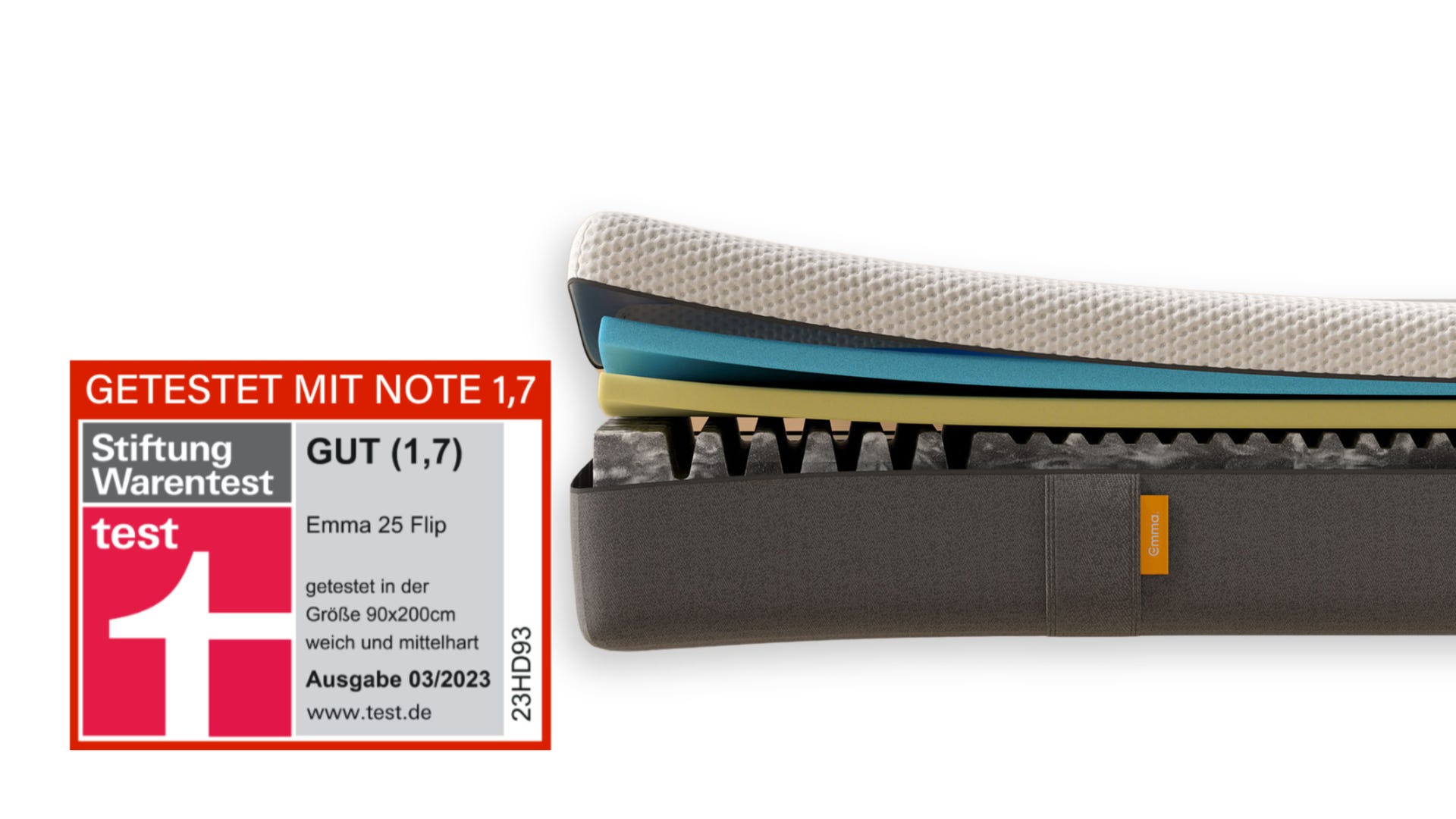 Emma 25 Flip Matratze 90x200 cm – Stiftung Warentest Bewertung Gut (1,7), Ausgabe 03/2023