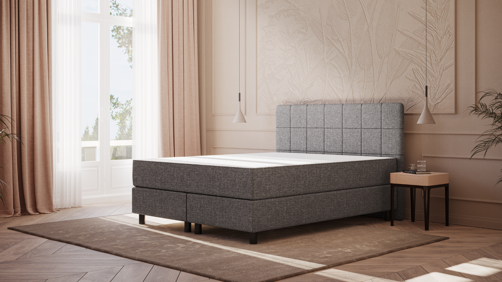 Emma Deluxe Boxspring 160x200 - Donkergrijs - Elegant Hoofdboord - Zwart Eiken 