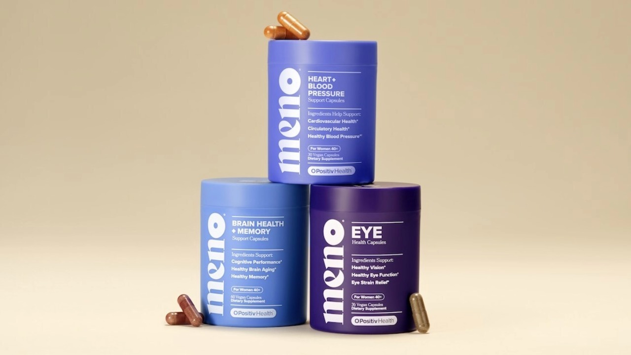 A stack of blue and purple Meno women’s health dietary supplement containers