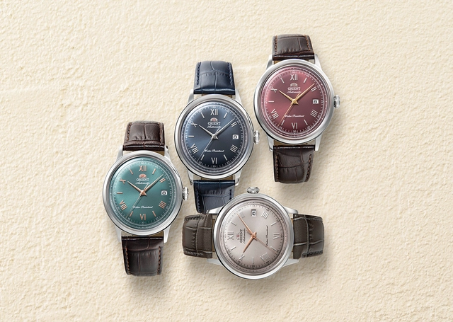 Neue Orient Bambino Modelle, vier Uhren aus Edelstahl mit farbigen Zifferblättern