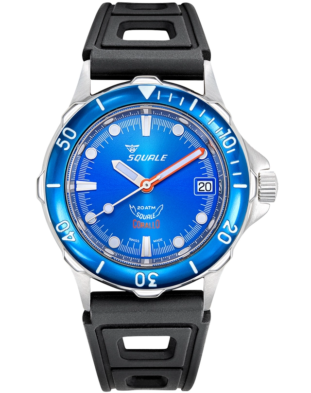 WatchTime-Squale-Corallo2008NOS-BlauFreisteller.jpg Squale – Corallo 2008 NOS, Edelstahl-Taucheruhr mit blauem Zifferblatt und einseitig drehbarer Taucherlünette.