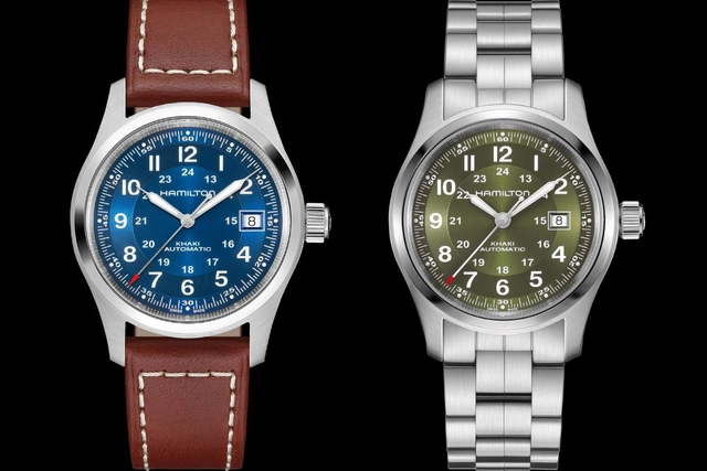 Frontalansicht der Hamilton Khaki Field Automatic in Blau und Grün