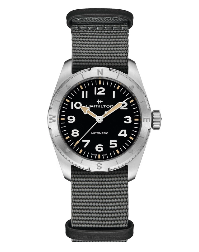 Hamilton Khaki Field Expedition 37 mm mit schwarzem Zifferblatt und grauem NATO-Band