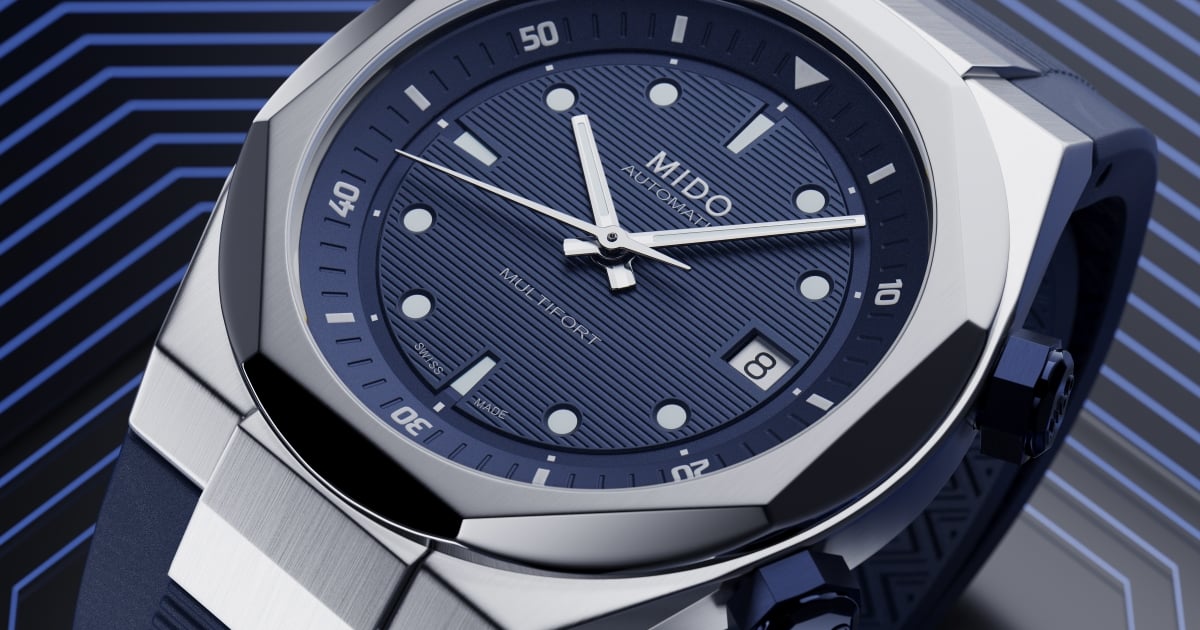Internal rotating bezel design photographed on Mido Multifort 8 Two Crowns blue