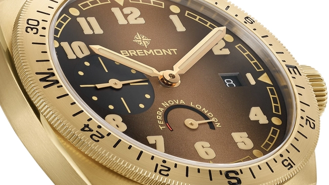 Detail vom Zifferblatt der Bremont Terra Nova Aluminiumbronze 