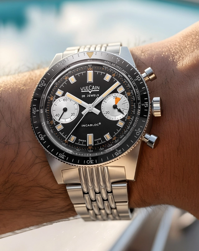 WatchTime-Vulcain-SkindiverChronograph-schwarz-Wrist-Stahlband.jpg Vulcain – Skindiver Chronograph, schwarze Taucheruhr mit Chronograph und Stahlband