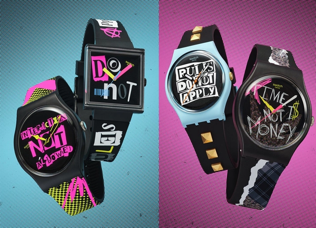4 Uhren aus der No Rules-Kollektion von Swatch vor buntem Hintergrund