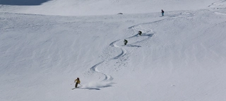 Vier Skifahrer, die hintereinander im Tiefschnee fahren.