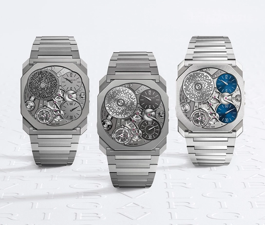 Flachste Uhr der Welt, drei Uhren, Bulgari Octo Finissimo Ultra Mark II und Platinum