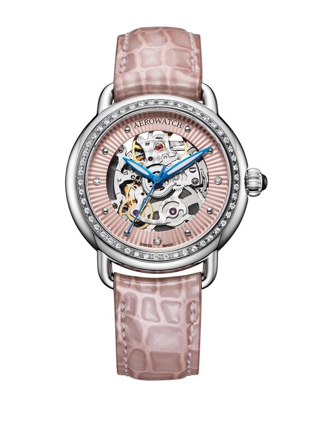 Aerowatch 1942 Lady Automatic Skeleton, Referenz 60960 AA20, Uhr altrosa Modell vor weißem Hintergrund