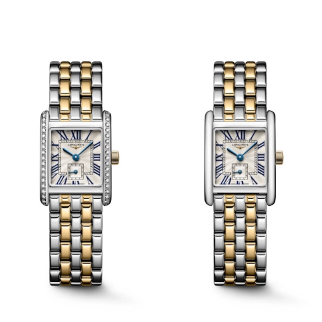 Gesamtansicht der Mini DolceVita Bi-Color Uhren von Longines in Gelb Gold