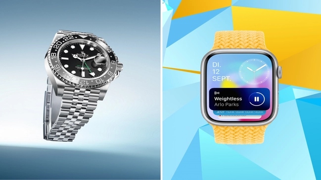 Die Rolex Oyster Perpetual GMT-Master II und eine Apple Watch.