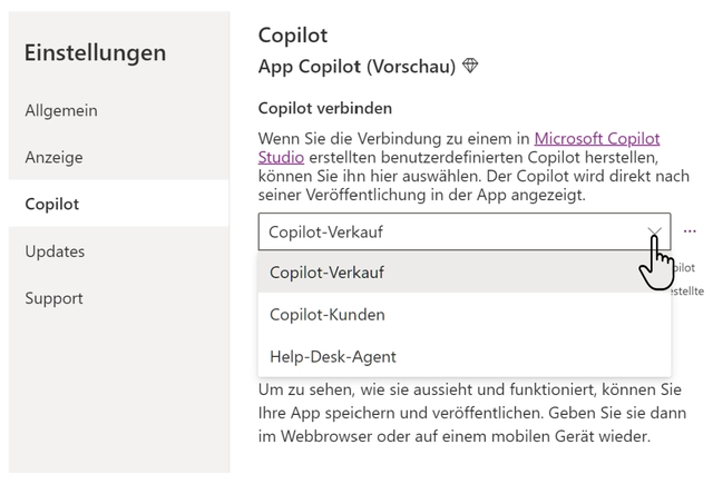 Ein mit Copilot Studio erstellter KI-Assistent kann direkt über die Copilot-Komponente als Steuerelement in einer Business-App übernommen werden (Bild 2) Ein mit Copilot Studio erstellter KI-Assistent kann direkt über die Copilot-Komponente als Steuerelement in einer Business-App übernommen werden (Bild 2)