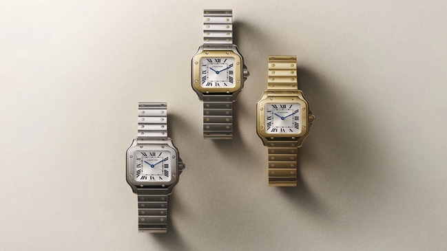 Drei Uhren, Santos de Cartier in Edelstahl und Gold