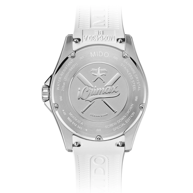 Mido-Ocean-Star-Icrimax-Huber-Back-White.jpg Mido Ocean Star 200C mit Seestern und iCrimax-Logo auf dem Gehäuseboden