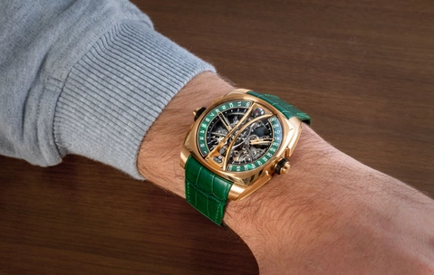 Cyrus: Klepcys Vertical Skeleton Tourbillon Malachite Wristshot