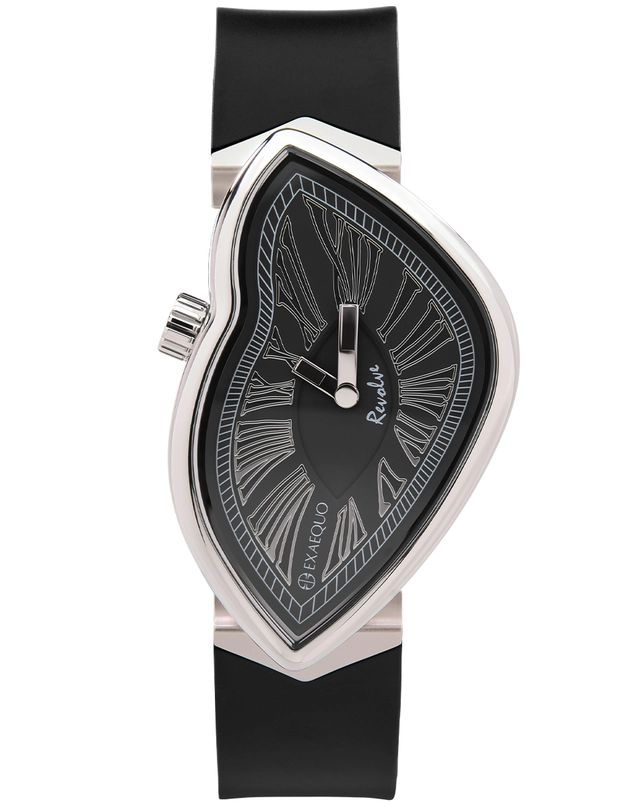 Exaequo – Melting Watch Revolve, außergewöhnliche Uhr mit Edelstahl-Gehäuse und schwarzem Ziffernblatt