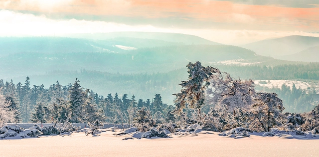 Panoramablick auf den Nordschwarzwald bei Schnee im Winter.