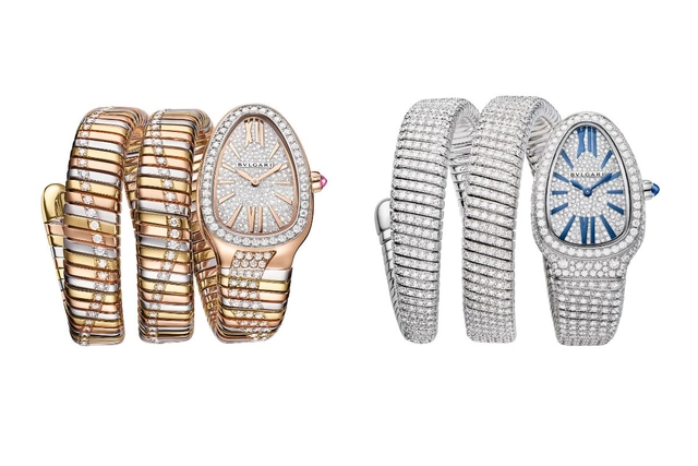 Frontalansicht der Bulgari Serpenti Infiniti in roségold weißgold gelbgold und weißgold (r.)