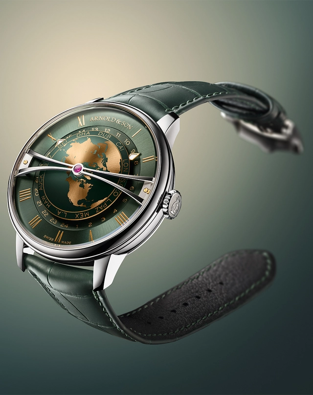 Arnold & Son – Globetrotter 42 Steel, Weltzeituhr mit grünem Zifferblatt