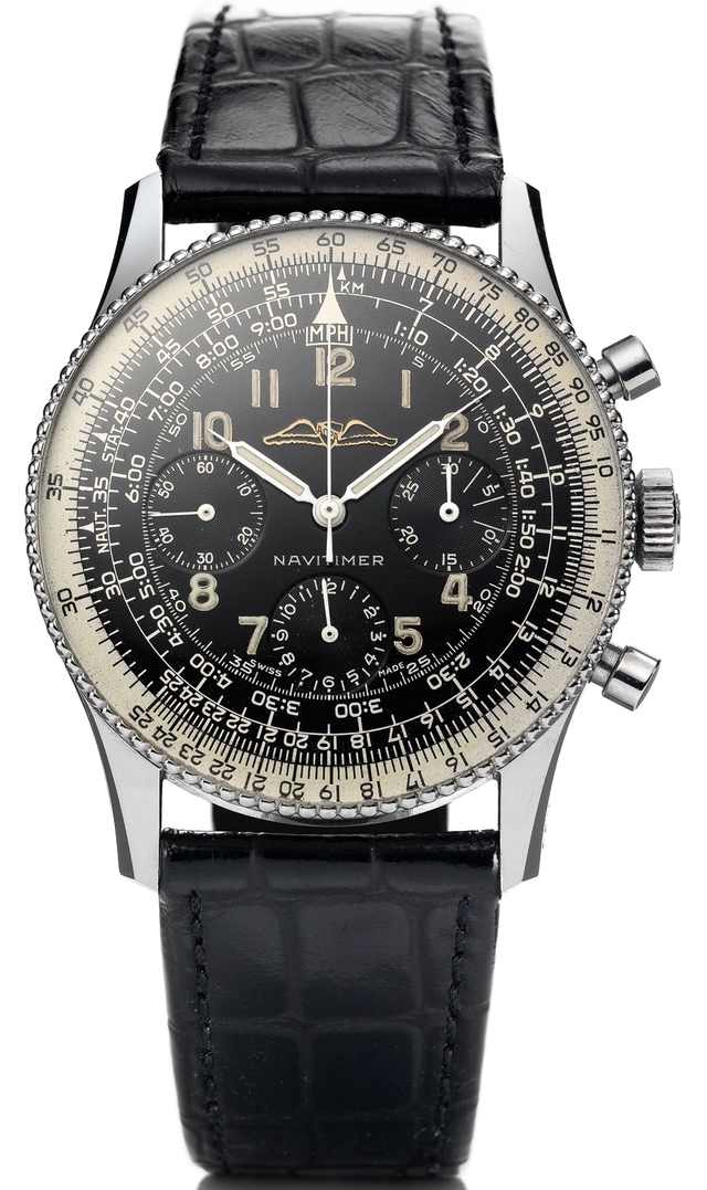 Mit höchstem Segen: Der Navitimer von 1952 mit dem Doppelschwingen-Logo der AOPA (Aircraft Owners and Pilots Association). Die drehbare Lünette ermöglicht komplexe Rechenoperationen