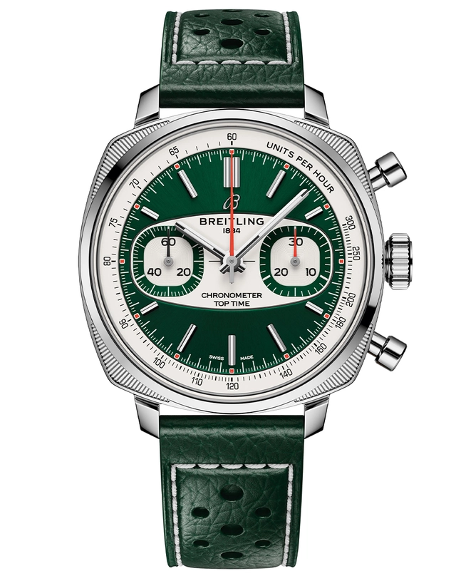 WatchTime-Breitling-TopTimeRacing-Grün-Freisteller.jpg Breitling – Top Time Racing Automatik-Chronograph mit grünem Ziffernblatt und Lederband