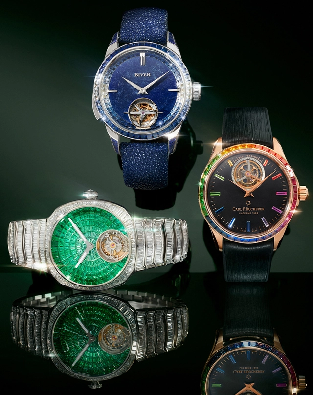 Auswahl Modelle Gemset: H. Moser & Cie. Streamliner Tourbillon with Emeralds, Biver Carillon Tourbillon Unique Piece, Carl F. Bucherer Manero Tourbillon Double Peripheral Paradise