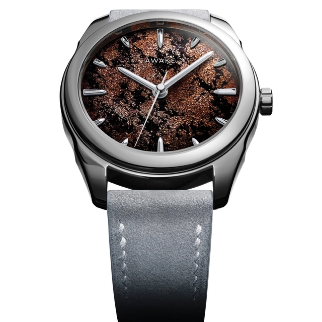 Awake Sơn Mài – Frosted Leaf, Edelstahluhr mit braunem Zifferblatt und grauem Band