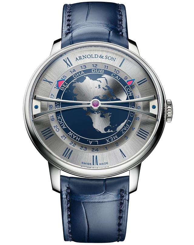 Arnold & Son – Globetrotter 42 Steel, Weltzeituhr mit blauem Zifferblatt