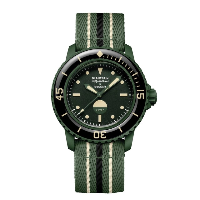 Swatch-Blancpain-Green-Abyss-Fifty-Fathoms-Scuba-Front.jpg Swatch x Blancpain Bioceramic Scuba Fifty Fathoms Kollektion, Referenz SO35G100