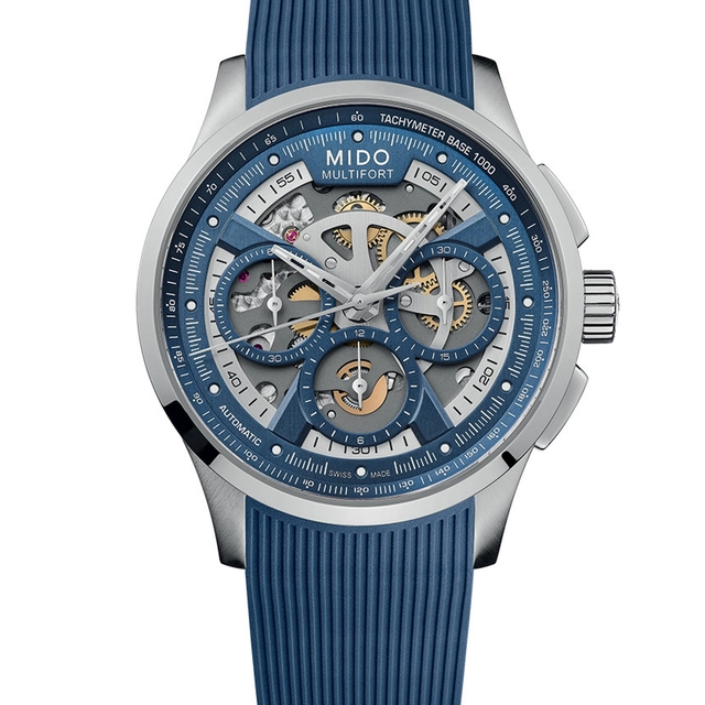 2 MIDO Multifort Skeleton Chronograph_2.380,00 Euro UVP_M038.662.17.040.00.jpg Mido Multifort Skeleton Chronograph mit blauem Zifferblatt und blauem Kautschukarmband