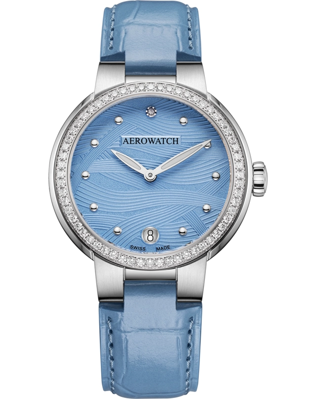 Aerowatch – Harmonie Lady Quartz, Damenuhr mit blauem Zifferblatt, Lederband und Diamantbesatz