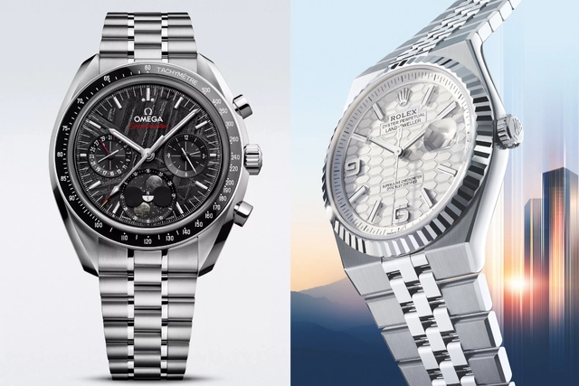 Gesamtansicht der Omega Speedmaster, Rolex Oyster Perpetual 