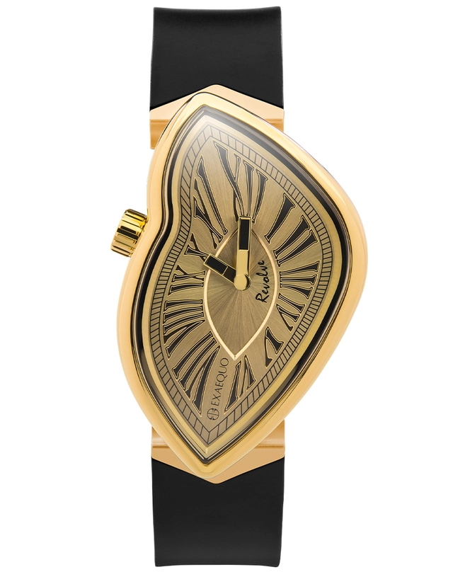 Exaequo – Melting Watch Revolve, außergewöhnliche Uhr mit goldenem Gehäuse und schwarzem Band