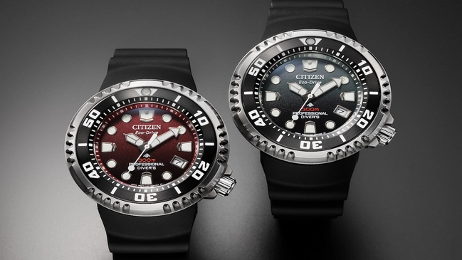 Zwei Modelle der Citizen Promaster Eco-Drive Diver 300m, Front, Zifferblatt und Armband