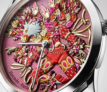 Hermès Slim d’Hermès "Herbst", Uhr aus Weißgold mit rotem Zifferblatt aus graviertem Gold mit Mikrorelief