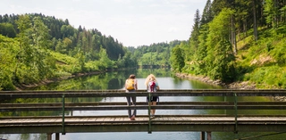 Zwei Personen auf einer Brücke an einem Gewässer in der Region Donau Oberösterreich.