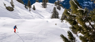 Eine Person auf Ski inmitten einer verschneiten Berglandschaft in der Zillertal Arena.