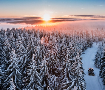 Sonnenuntergang in einer verschneiten Winterlandschaft in Thüringen.