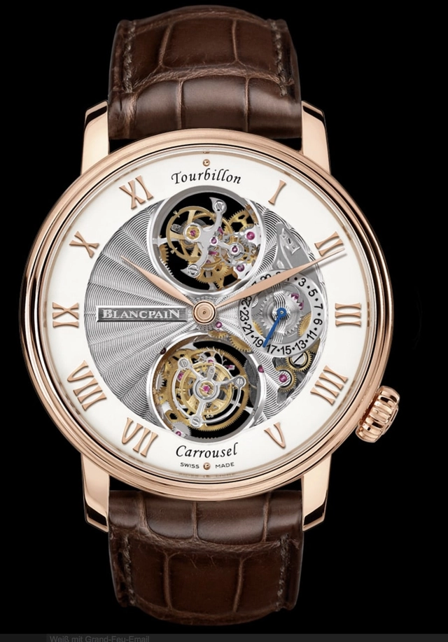 Blancpain bietet als einzige Uhrenmarke eine Armbanduhr mit fliegendem Tourbillon bei zwölf und einem Karussell bei sechs Uhr.