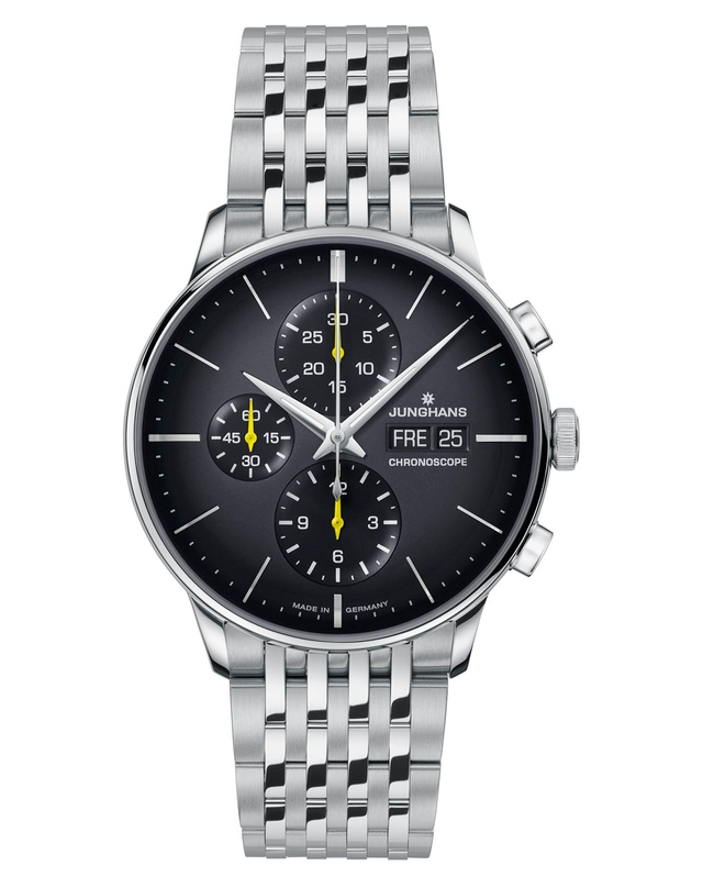 Junghans Meister Chronoscope mit Stahlband und gelben Details Soldat