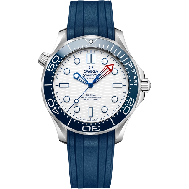 Omega Seamaster Diver 300M mit 42 mm aus Edelstahl mit einem blauen Kautschukarmband, Referenz 210.32.42.20.04.002