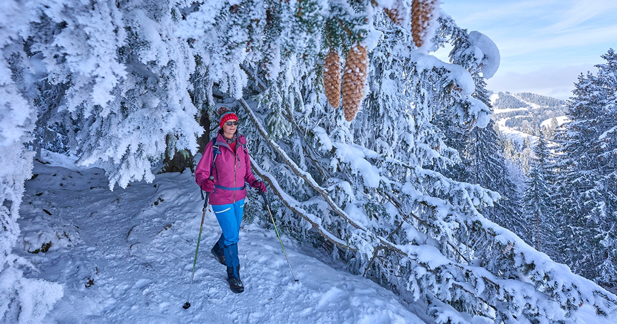 Eine Person beim Wandern in einer verschneiten Winterlandschaft in Balderschwang.