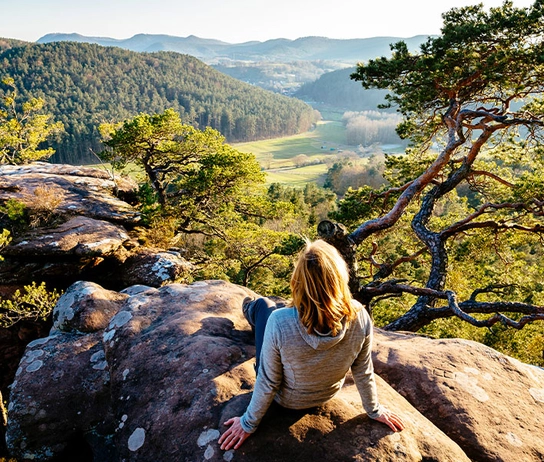Frau sitzend auf großem Stein mit Blick auf die Pfälzerlandschaft